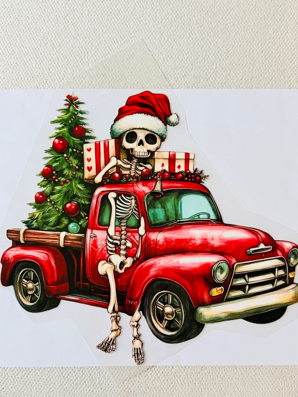DTF Transfer for shirts Red Vintage Truck Holiday Decal with Skeleton